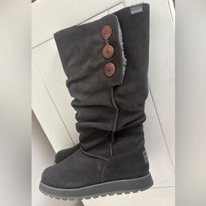 Skechers Charcoal Gray Suede Boots with Button Accents and Soft Faux Fur!